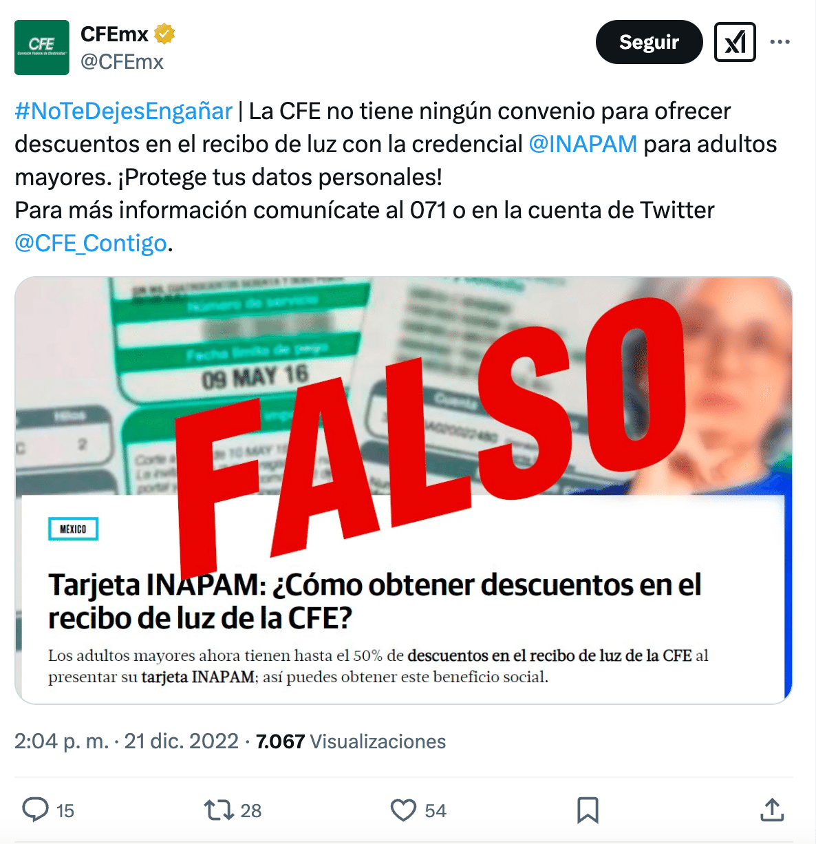 Falso que la CFE subsidie a beneficiarios INAPAM